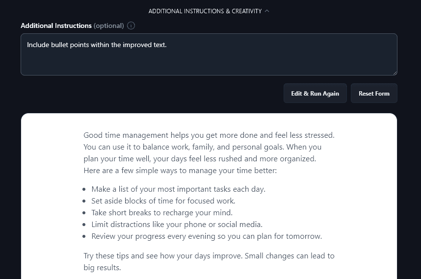Giving Additional Instructions to the Improve Writing Tool