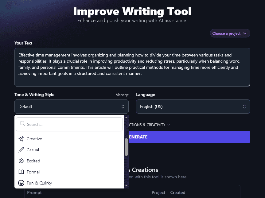 Selecting a Tone and Writing Style in the Improve Writing Tool