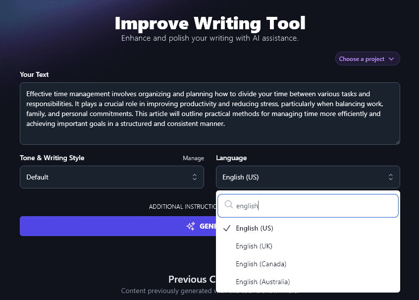 Selecting From 4 Varieties of English in the Improve Writing Tool