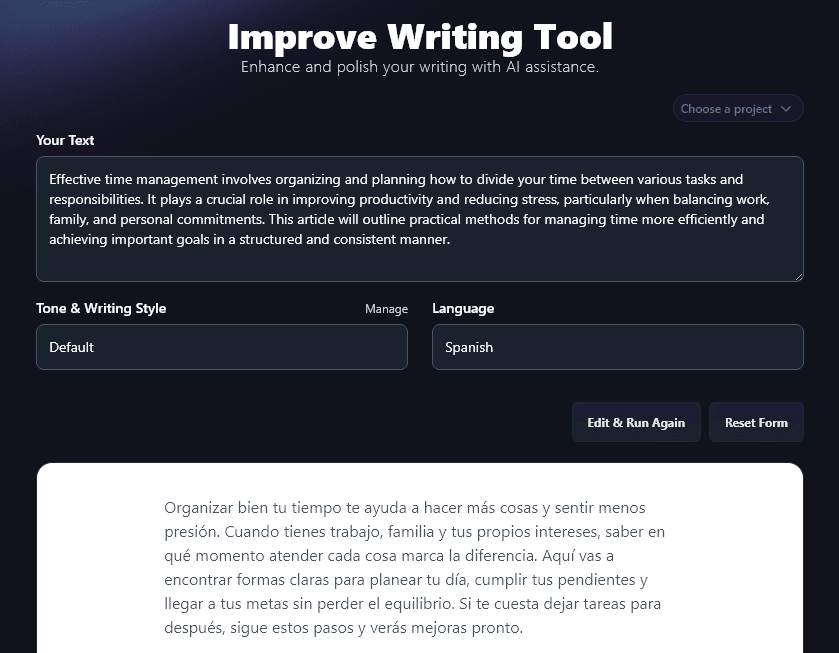 Content Created by the Improve Writing Tool in Spanish