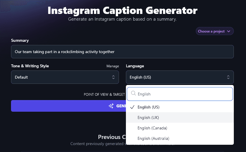 Different Versions of English Available in the Language Dropdown of the AI Instagram Caption Generator