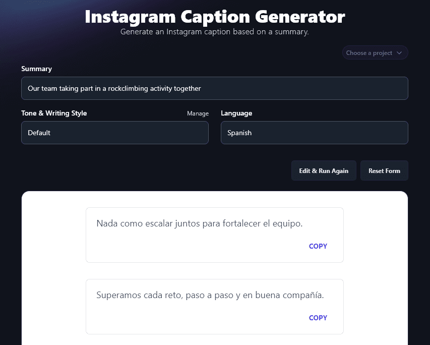 Generating Captions in Spanish Using the AI Instagram Caption Generator