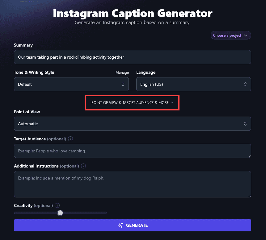 Opening Up the Advanced Options for the AI Instagram Caption Generator