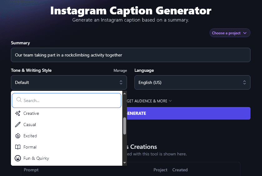 Selecting the Tone & Writing Style for the Instagram Caption Generator