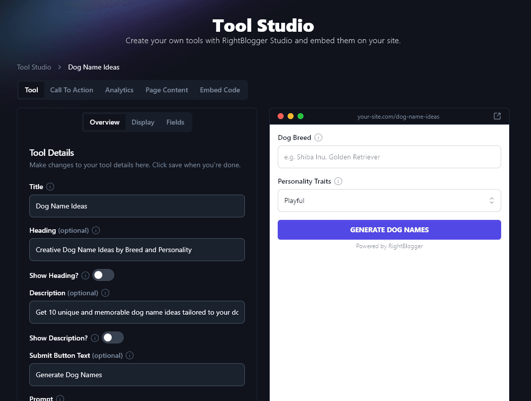 The Dog Name Generator Created in the RightBlogger Tool Studio