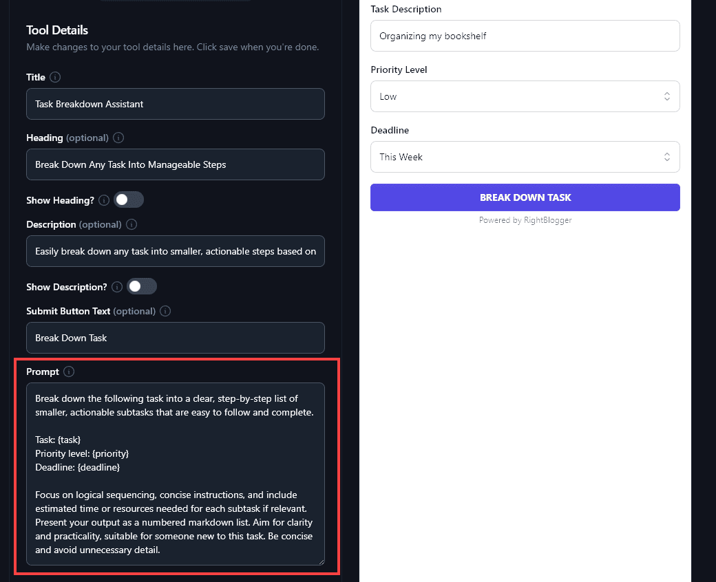Adjusting the Prompt for the AI Lead Magnet in the RightBlogger Tool Studio
