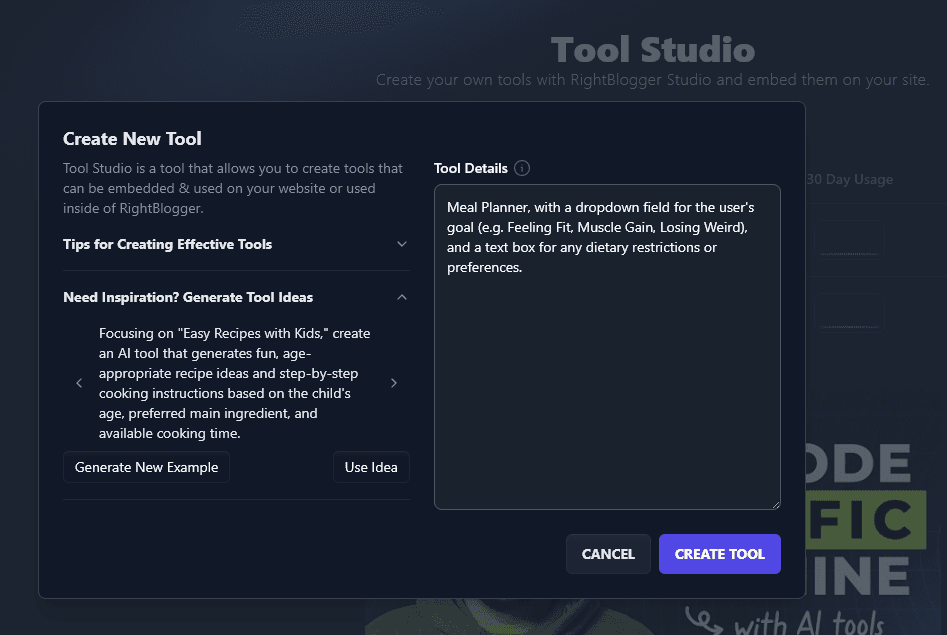 Entering a Prompt to Create a Meal Planner Tool in the RightBlogger Tool Studio