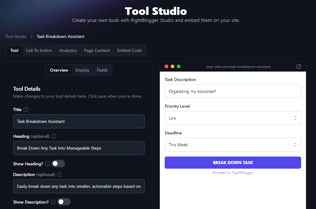 The Task Breakdown Assistant Lead Magnet in the RightBlogger Tool Studio