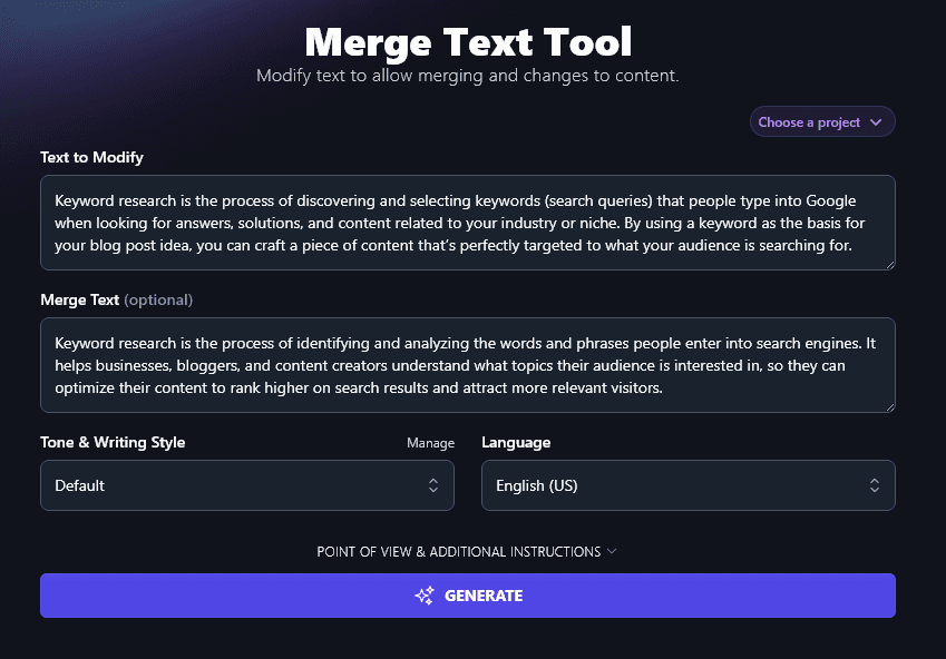 Entering Your Second Piece of Text into the AI Merge Text Tool