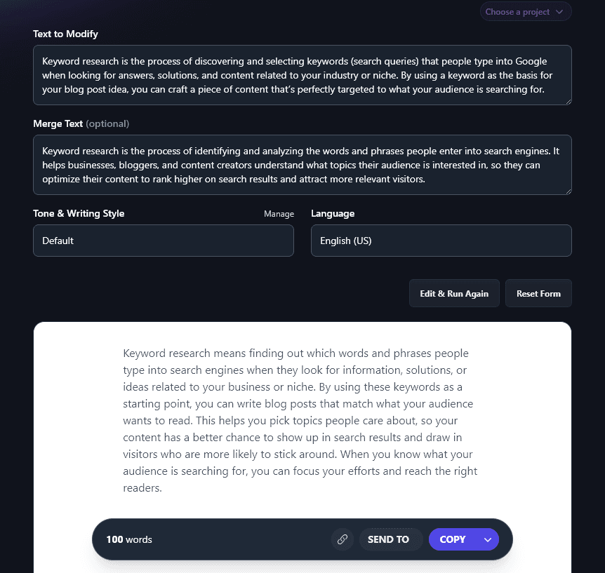 Generating the Merged Text Using the AI Text Merge Tool