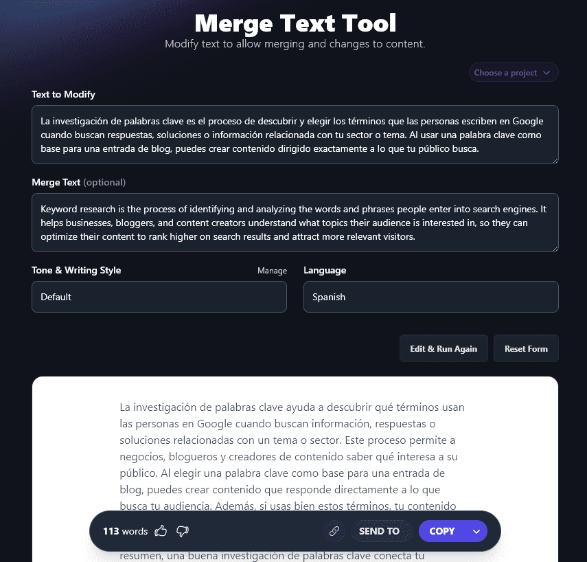 Merging Text in 2 Different Languages Using the AI Merge Text Tool