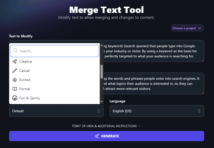 Selecting a Tone & Writing Style to Use With the AI Merge Text Tool