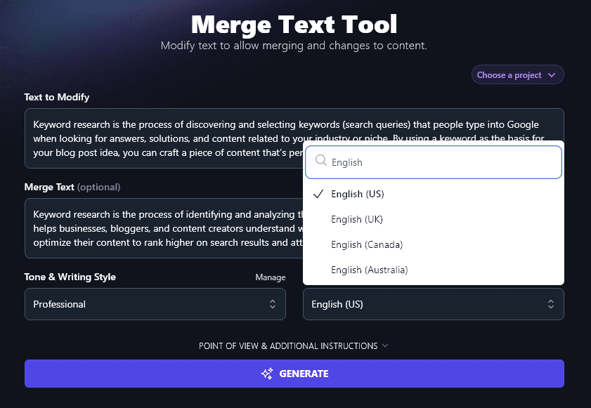 Selecting a Language from the Dropdown in the Merge Text Tool