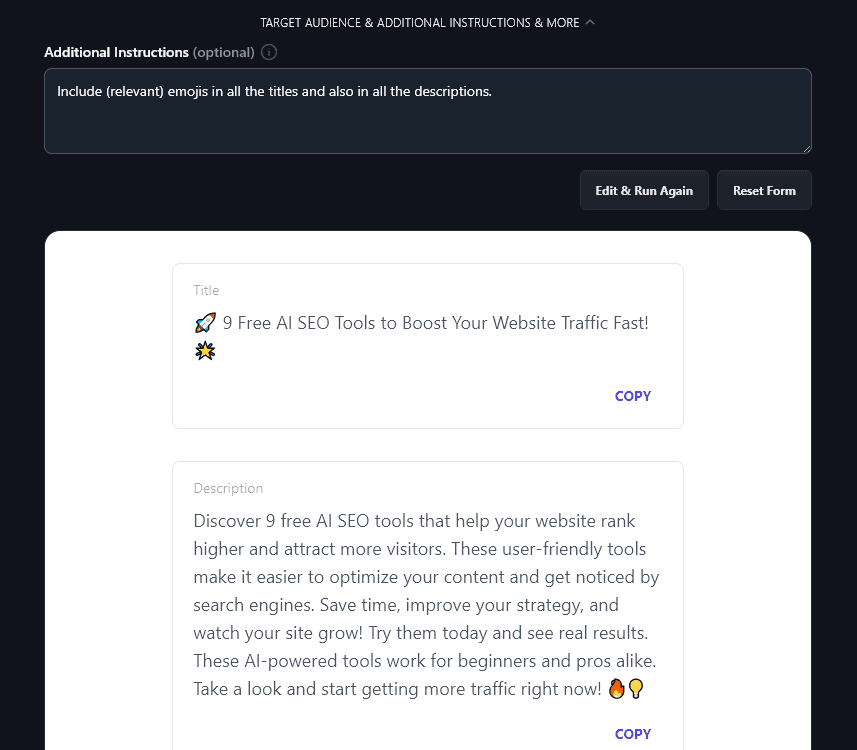 The Additional Instructions Have been Followed (the AI Has Included Emojis in Both the Title and Description)