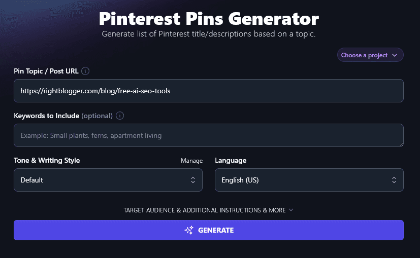 Entering a URL into the Pin Topic / Pin URL Box of the Pinterest Pin Generator