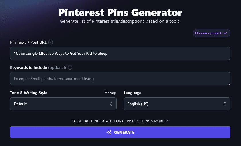 Entering a Detailed Topic Into the Pinterest Pin Generator