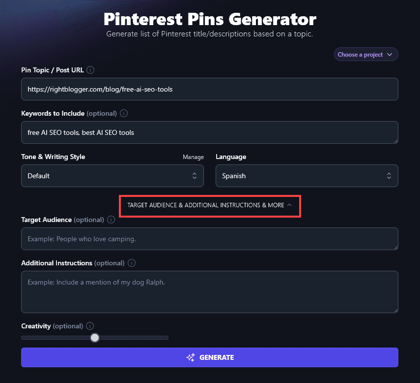 Opening Up the Advanced Options for the Pinterest Pin Generator