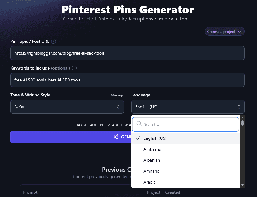 Choosing Your Preferred Language in the Pinterest Pin Generator
