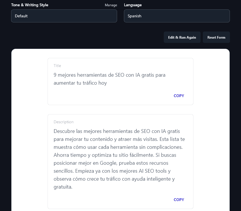 A Pin Title and Description Written in Spanish by the Pinterest Pin Generator