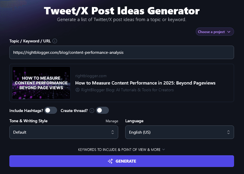 Entering a URL Into the AI Tweet Generator