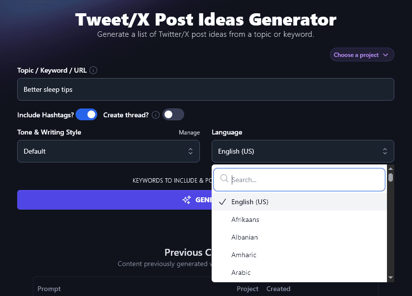 Selecting Your Preferred Language to Use With the AI Tweet Generator