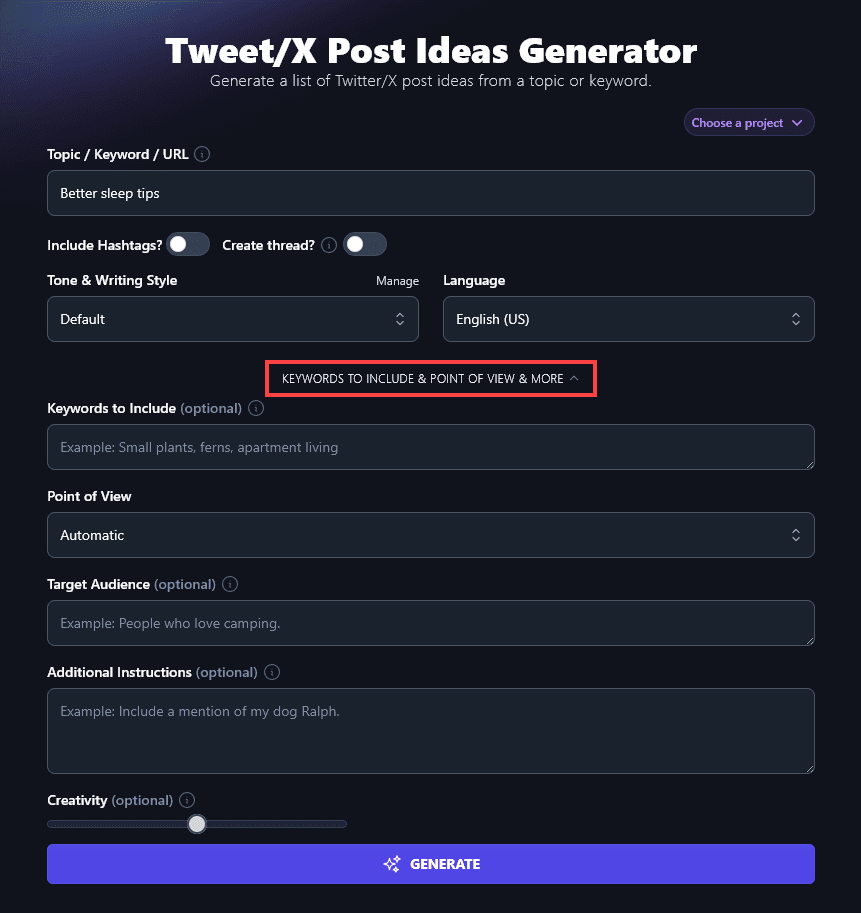 Opening Up the Advanced Options for the AI Tweet Generator