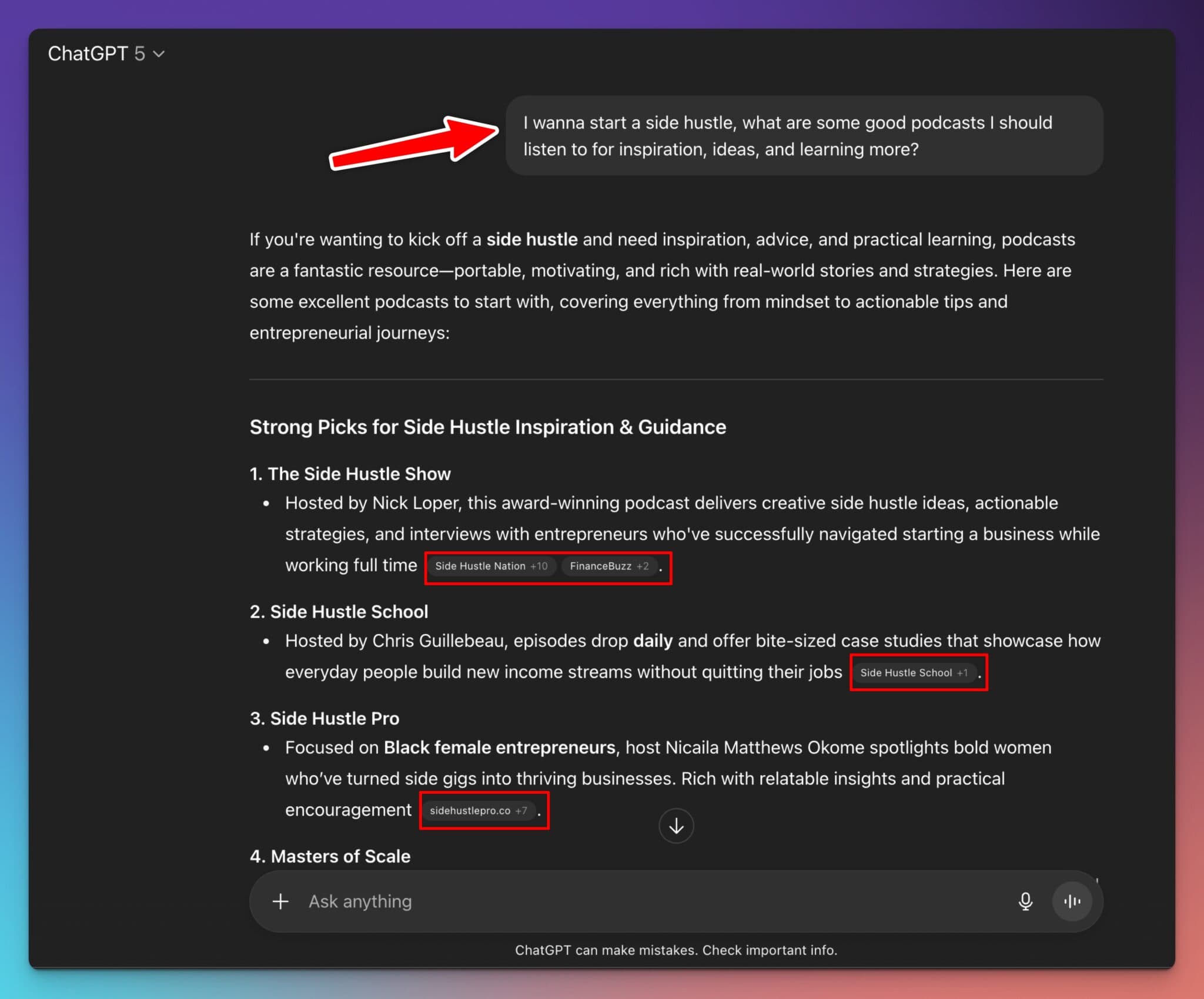 Example of Podcasts Ranking in LLMs like ChatGPT (Podcast to Blog Tool) Screen Shot