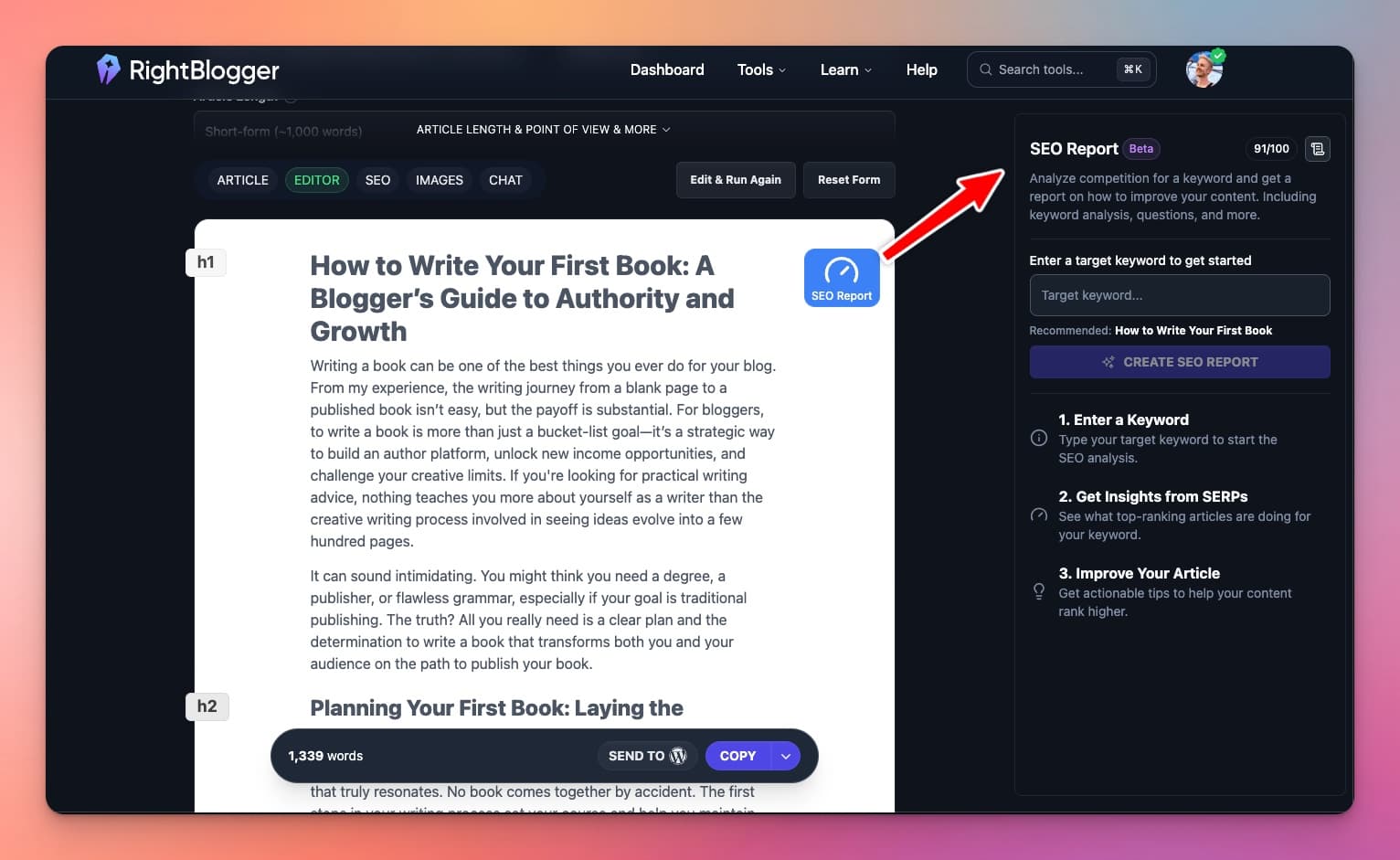 SEO reports in RightBlogger