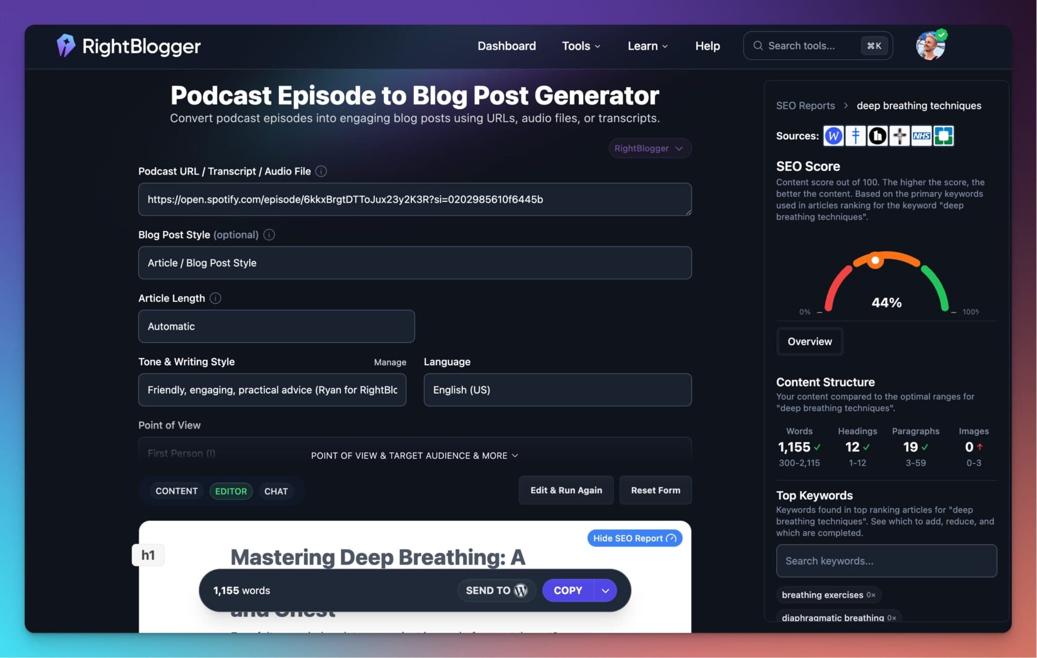 Podcast to Blog Post Generator Tool in RightBlogger (Preview)