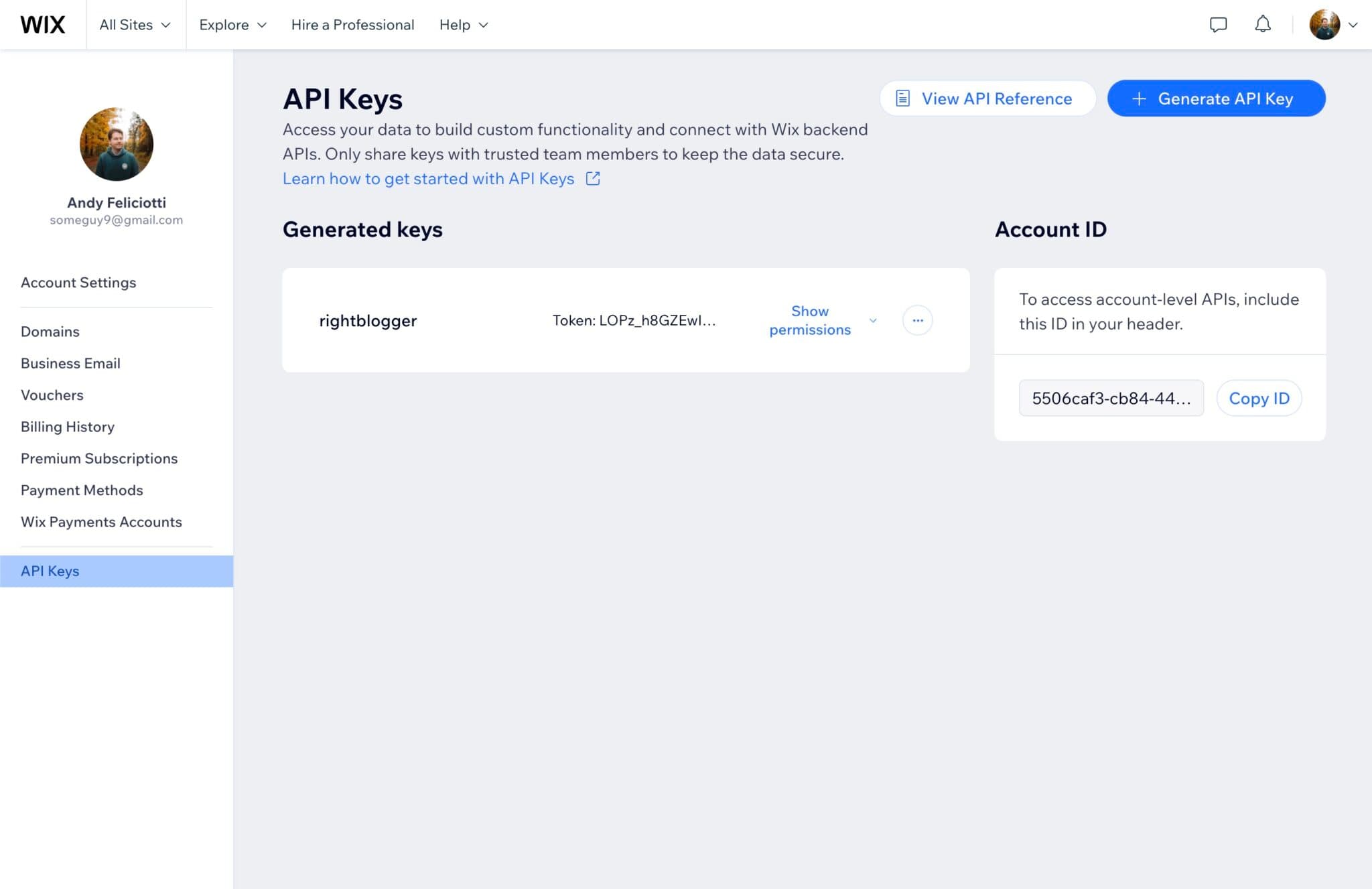 Wix API key management