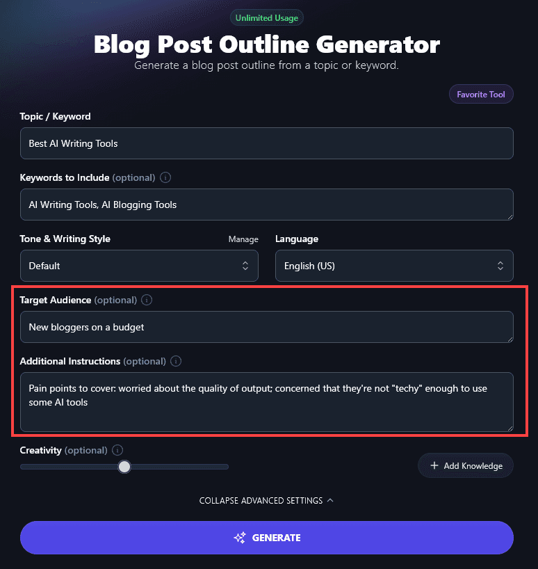 The Blog Post Outline Generator tool inside RightBlogger, with the Target Audience and Additional Instructions shown.