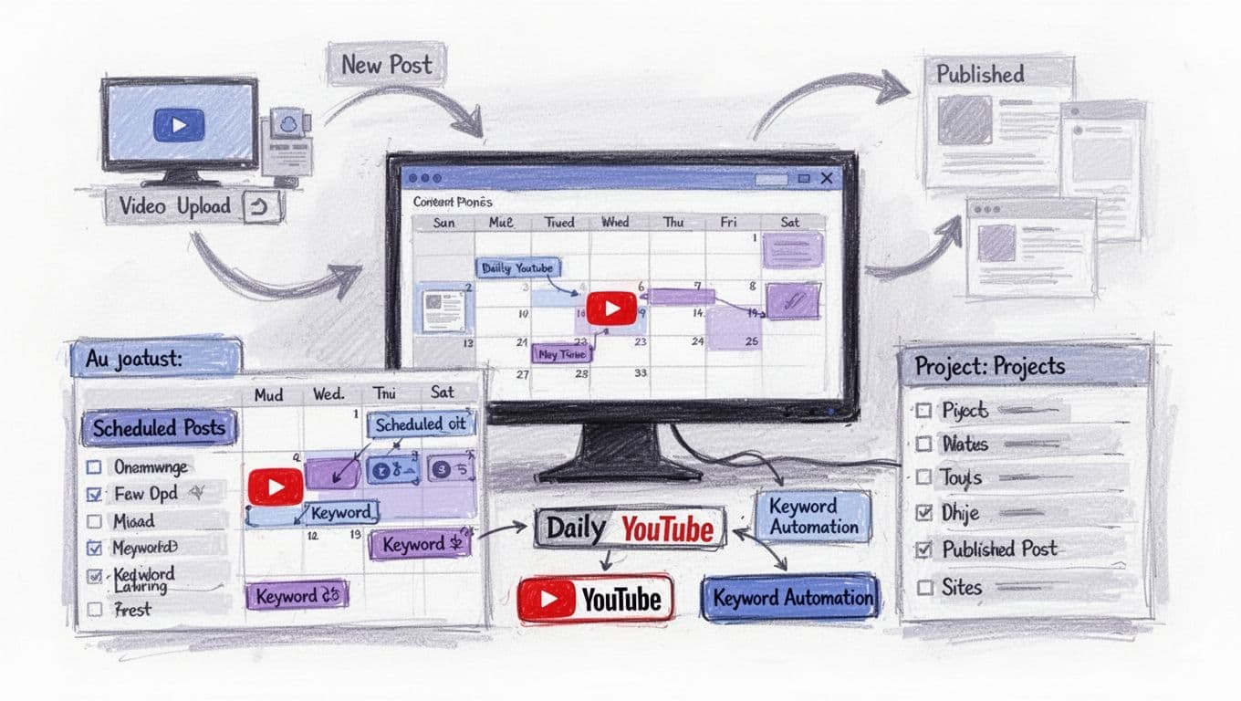 A sketchy, hand-drawn illustration in blues, purples, blacks, and grays on white background showing a content planner dashboard for autoblogging, featuring a calendar with YouTube icons, automation buttons, project lists, and faint workflow arrows.