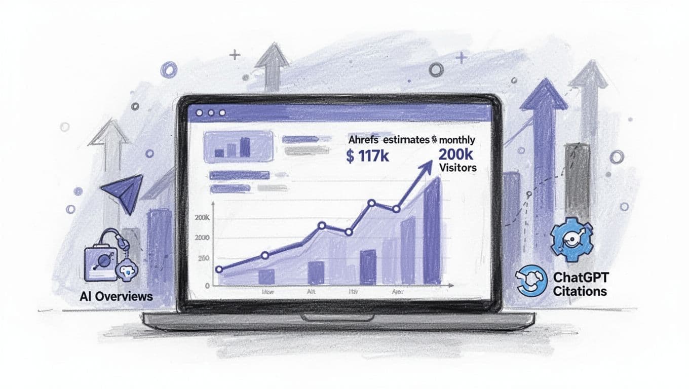 Sketchy hand-drawn illustration in blues and purples showing a laptop dashboard with blog traffic stats, upward line graph peaking at 200k visitors, Ahrefs estimates, and AI/ChatGPT icons on white background.