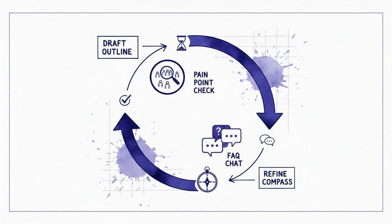 Hand-drawn ink and watercolor illustration of a circular workflow diagram with looping arrows connecting draft outline, pain point check icons, FAQ chat bubbles, and refine compass, using deep blues, purples, and blacks on textured paper.