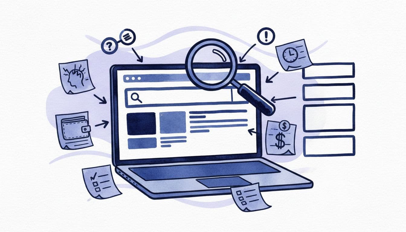 Hand-drawn ink and watercolor illustration of a laptop displaying search results, with a magnifying glass highlighting the query connected via arrows to pain point icons like headache, time, money, and tasks, leading to content section blocks.