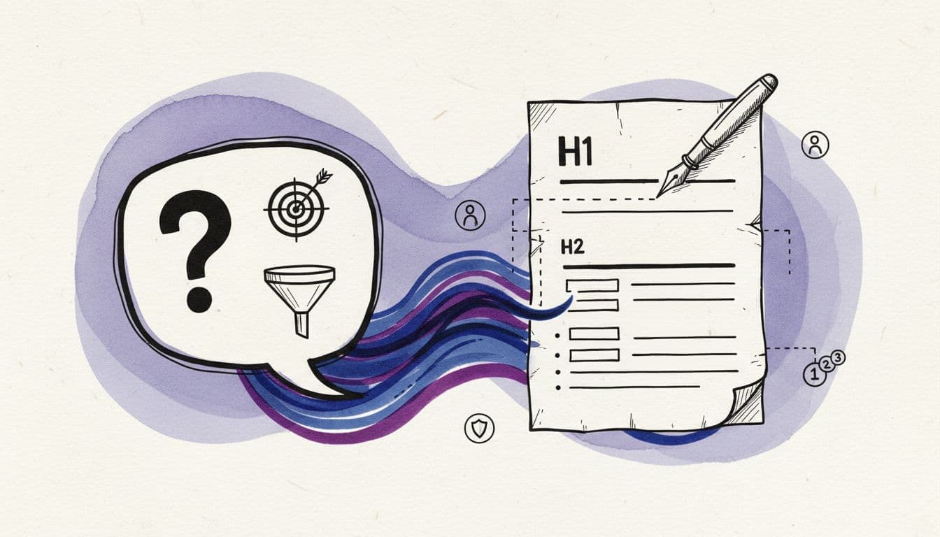 Hand-drawn ink and watercolor illustration with deep blues and purples showing a speech bubble containing question mark, bullseye, and funnel icons flowing into a structured outline of H1, H2, and bullets on textured paper. A pen hovers drawing connections, with subtle icons for persona, objections, and steps against a faint purple wash background.