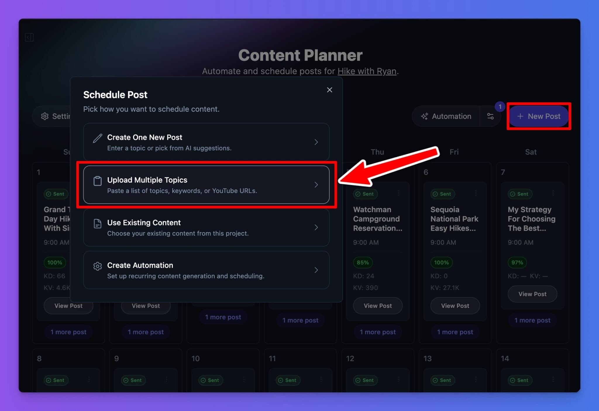 Bulk scheduling blog post topics in the RightBlogger Content Planner
