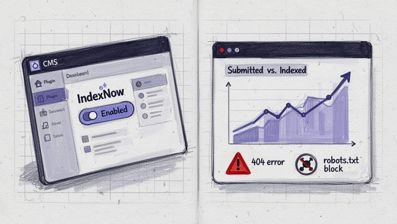Hand-drawn split-panel illustration in deep blues and purples showing a generic CMS dashboard with IndexNow plugin enabled on the left and a monitoring dashboard with upward-trending Submitted vs Indexed chart plus 404 error and robots.txt block warnings on the right.