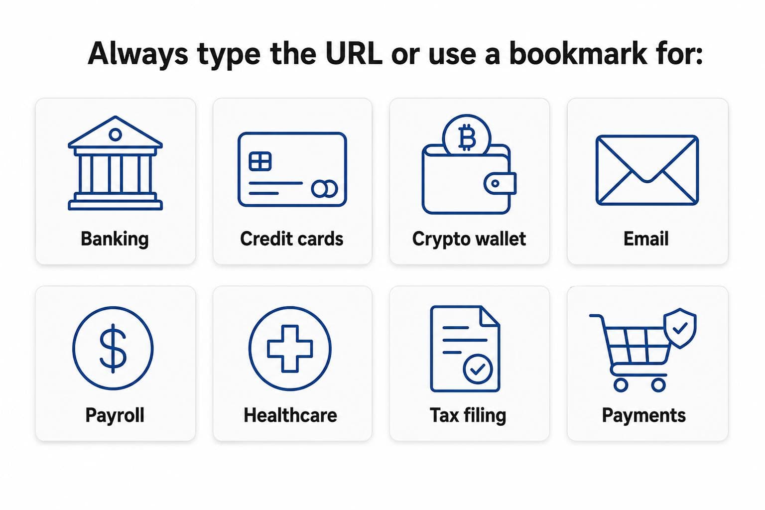 Eight categories where you should always type the URL or use a bookmark instead of searching: banking, credit cards, crypto wallet, email, payroll, healthcare, tax filing, payments