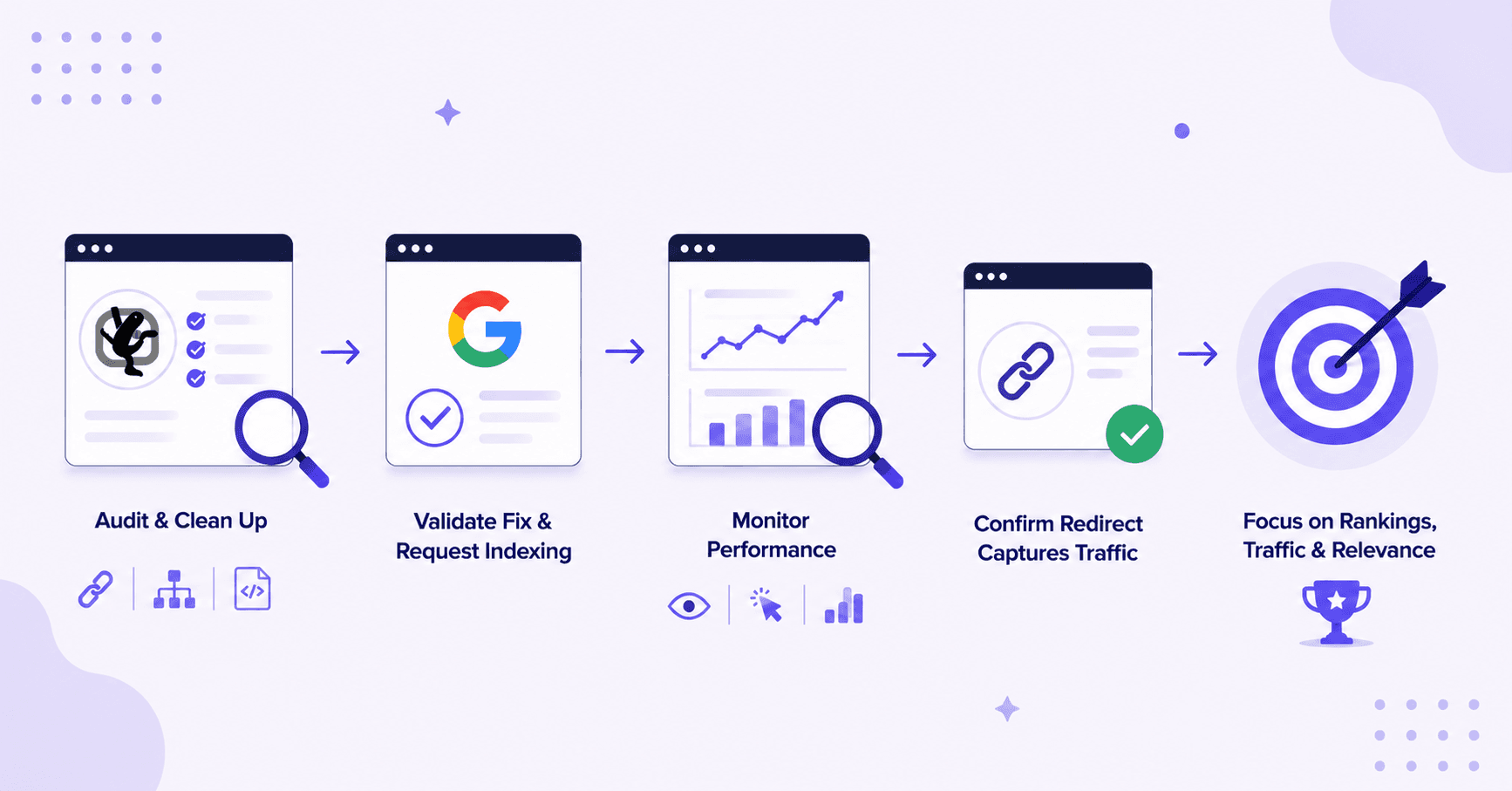 Soft 404 fix workflow showing audit cleanup, indexing request, performance monitoring, and redirect tracking.