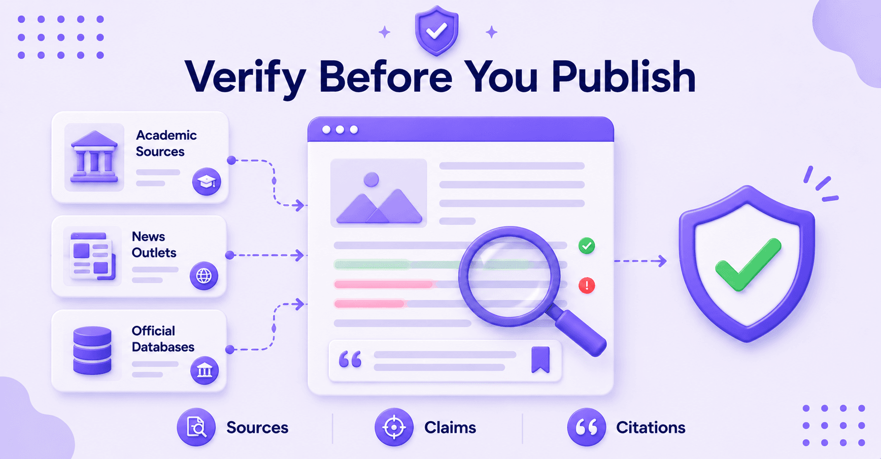 Fact-checking process showing source verification and claim validation before publishing.
