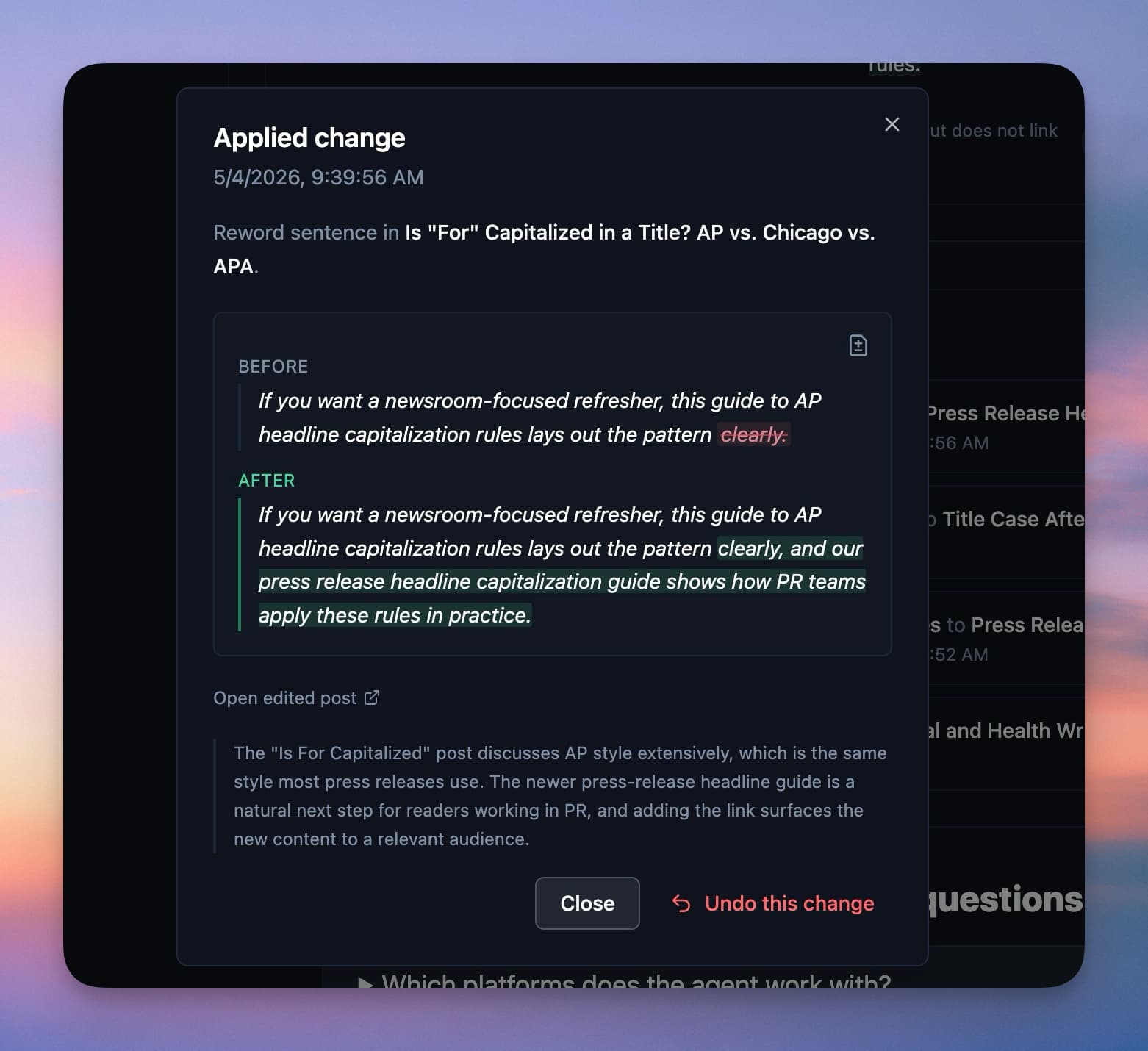 RightBlogger AI SEO Agent undo change
