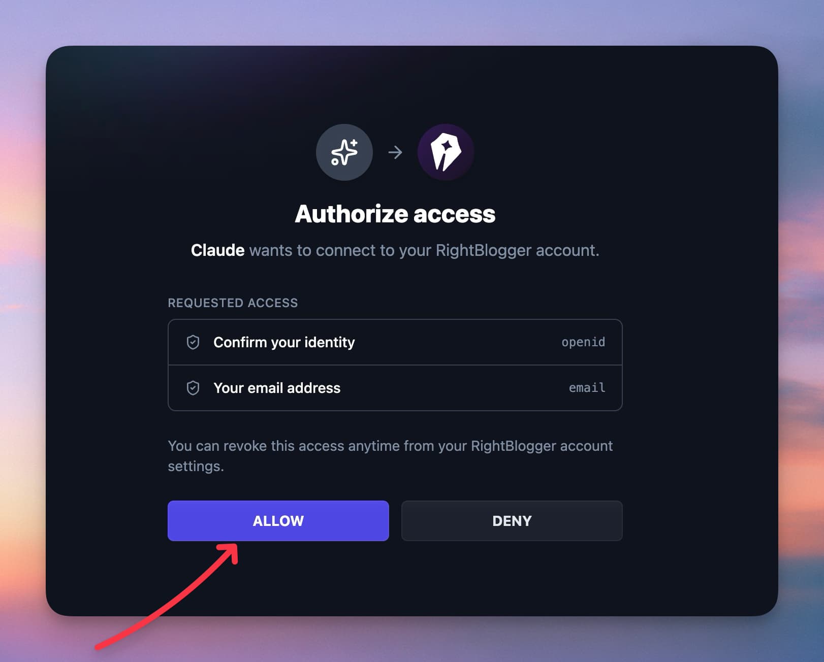RightBlogger Authorize access screen requesting identity and email with Allow and Deny buttons.