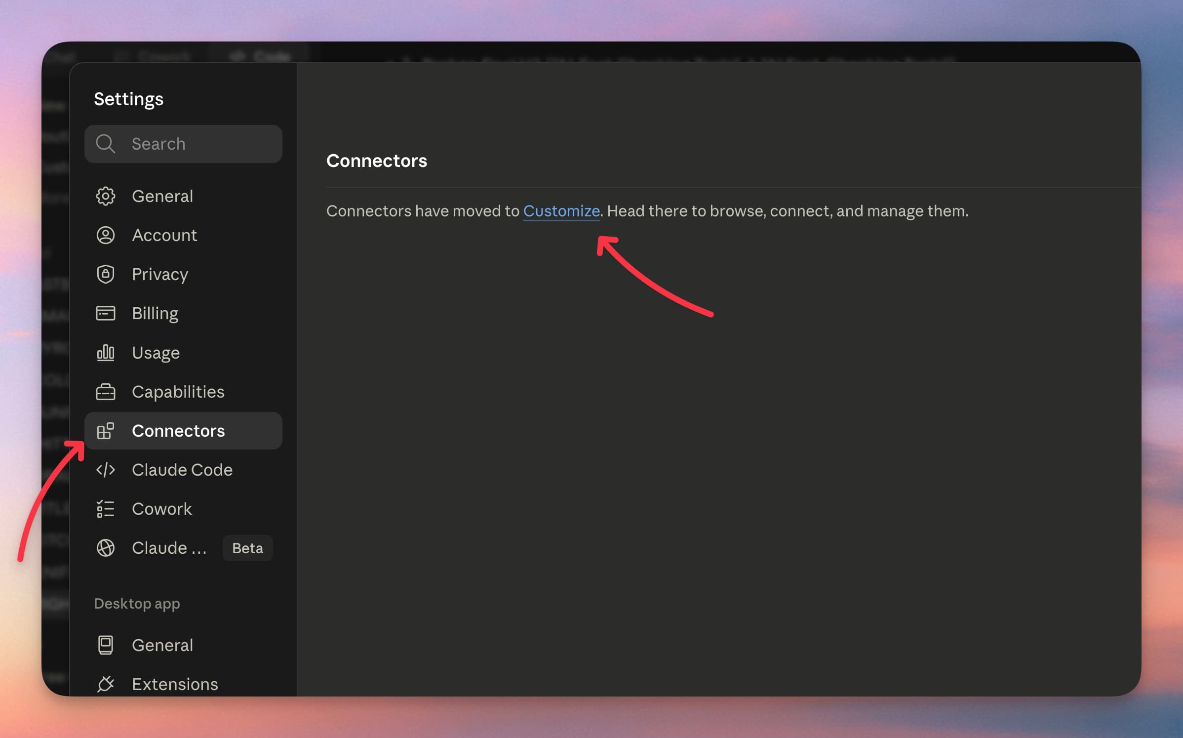 Claude Settings showing Connectors have moved to the Customize area.