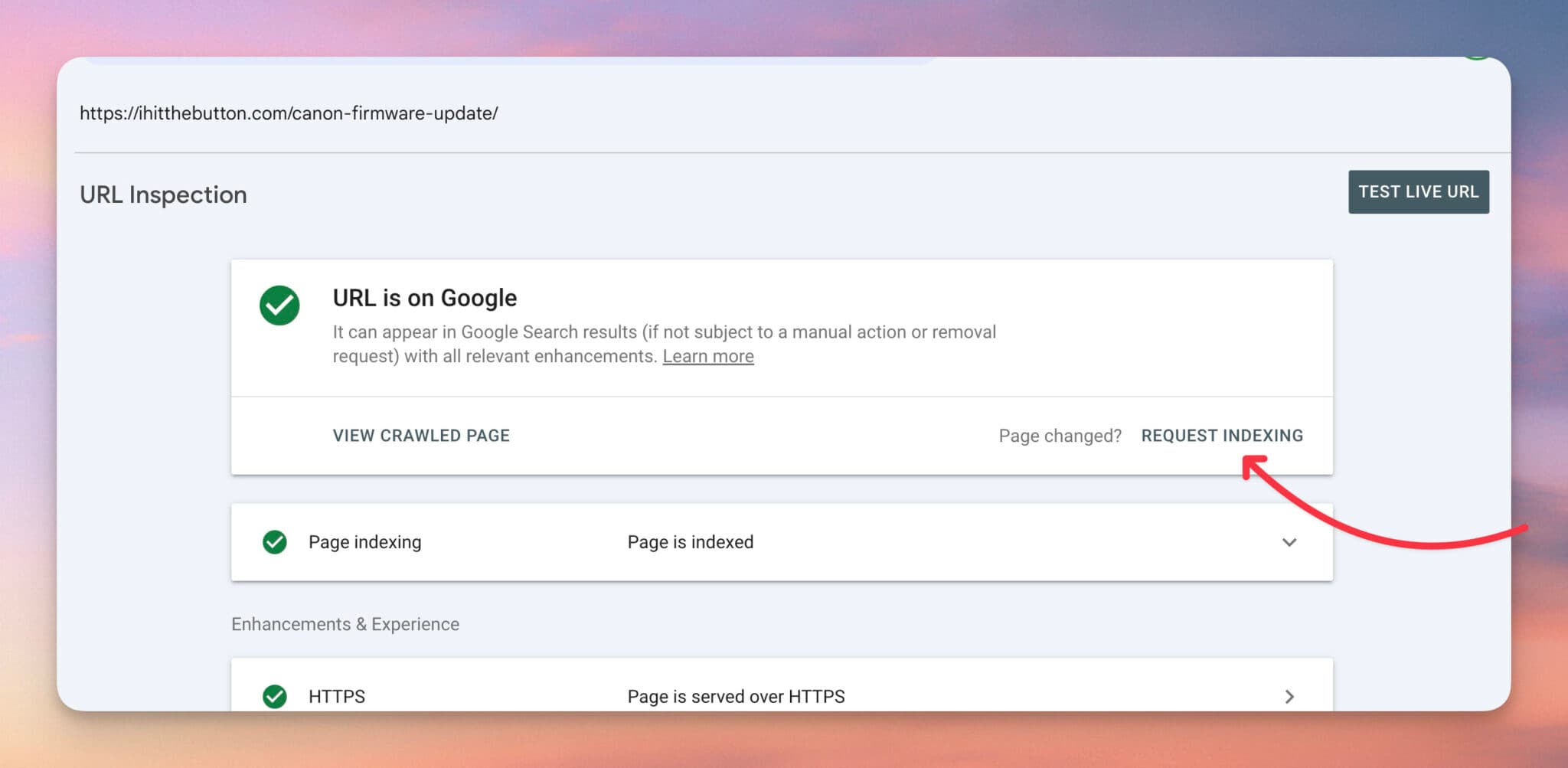 Request indexing in GSC