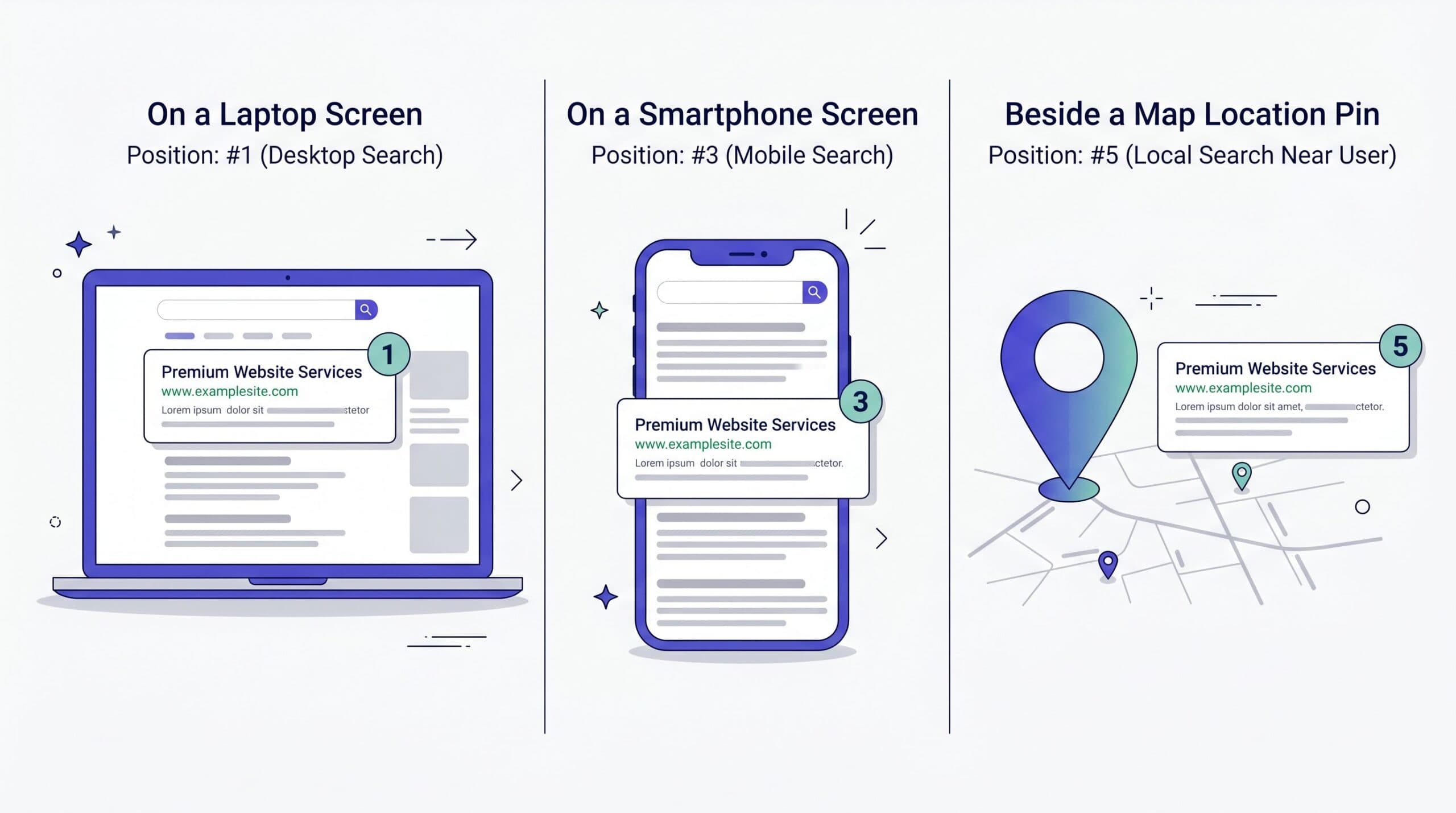 The same page shown at different search positions on laptop, mobile, and local map results